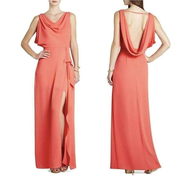 BCBGMaxAzria Dresses & Skirts - BCBG Max Azria Sydney Cowl Neck Maxi Evening Dress Draped Slit Skirt Coral Peach